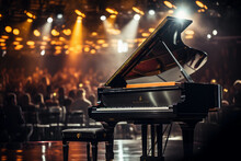 Hyper - Realistic Photograph Of A Grand Piano On A Spotlit Stage, Mid - Concert, With A Solo Pianist Passionately Playing. Audience In Soft Focus In The Background, Richly Lit Theatre Setting