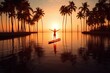 Silhouette of woman on sup board spread her arms and welcomes the sun.  Amazing sunset and palms at background. Generative AI