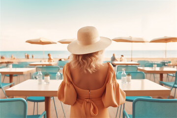 Luxury girl sitting her back to the camera in open beach sea view bar with cocktail. AI generated image for your design.