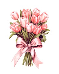 Bouquet of pink tulips tied with pink ribbon isolated on white background in watercolor style. Generative AI.