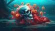 Skull and fish surrounded by water and plant
