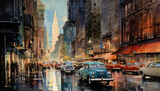 Fototapeta Uliczki - New York City with 1950s cars watercolor