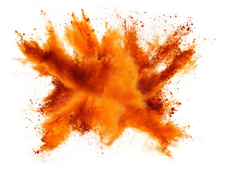 bright orange holi paint color powder festival explosion burst isolated white background. industrial