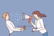 © drawlab19 - Woman boss yells at subordinate through megaphone and gets angry because of refusal to follow order. Aggressive boss yells at man showing unprofessionalism and disregard for rules of subordination