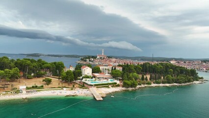 Wall Mural - rovinj, croatia. aerial view. old historic buildings in the bay. harbour with boats. beautiful roman