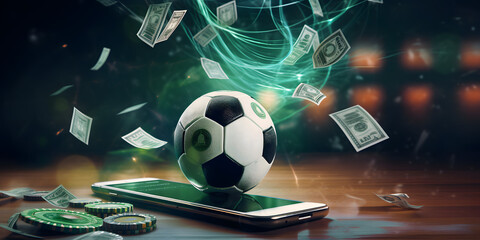 Virtual sports betting on soccer using smartphone, currency and ball 