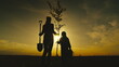 © Валерий Зотьев - fresh tree seedling sunset, young roots, soil ground, plant garden, silhouette happiness family mother child, cheerful family plants plant soil, mom dad child planting trees, happy family child