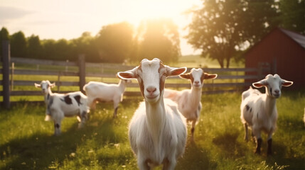  white goats graze in a farm meadow. Generative AI 