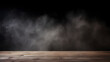 empty wooden table with smoke float up on dark background Empty Space 
