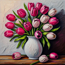 Acrylic Painting, White Vase With Pink Flowers Delicate Shades Armful Of Tulips On A Wooden Background. Modern Art Paintings Brush Stroke On Canvas.
