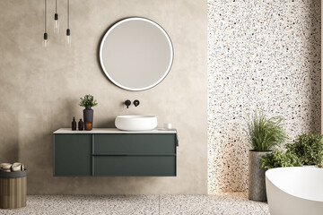 Wall Mural - Modern minimalist bathroom interior,green bathroom cabinet, white sink, wooden vanity, interior plants, bathroom accessories, white bathtub, concrete wall, terrazzo flooring.3d rendering