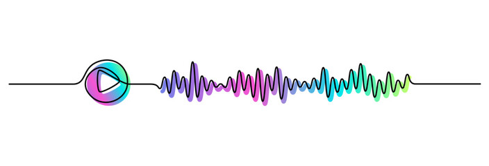 Poster - One continuous line drawing of music player soundbar with play button. Record audio podcast and sound wave voice message in simple linear style. Editable stroke. Doodle outline vector illustration