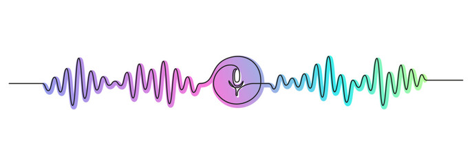 Poster - One continuous line drawing of music player soundbar with play button. Record audio and sound wave voice message in simple linear style. Editable stroke. Doodle vector illustration