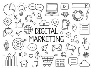 Digital marketing doodle set. Social media, online communication, email, internet network elements in sketch style. Hand drawn vector illustration isolated on white background