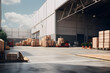 Large warehouse entrance  area with goods and equipment in sunlight