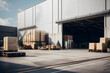 Large warehouse entrance  area with goods and equipment in sunlight