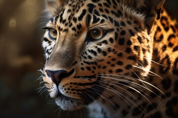 Poster - Magnificent leopard with impressive spots and whiskers on its face. Nature and biodiversity concept. Close-up photography generated by AI.