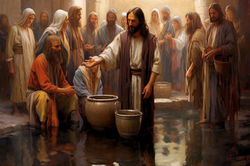 Wall Mural - Jesus Christ turns water into wine. Religion Bible. History. During a wedding in Cana of Galilee, Jesus, at Mary's request, transforms approximately 120 gallons of water into wine.