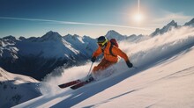 Skier Jumping In The Snow Mountains On The Slope With His Ski And Professional Equipment On A Sunny Day. Generative AI