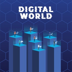 Wall Mural - Digital world concept poster People with internet icons Vector