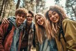 © top images - A group of teenagers on vacation in a hike or on an excursion. Background with selective focus. AI generated