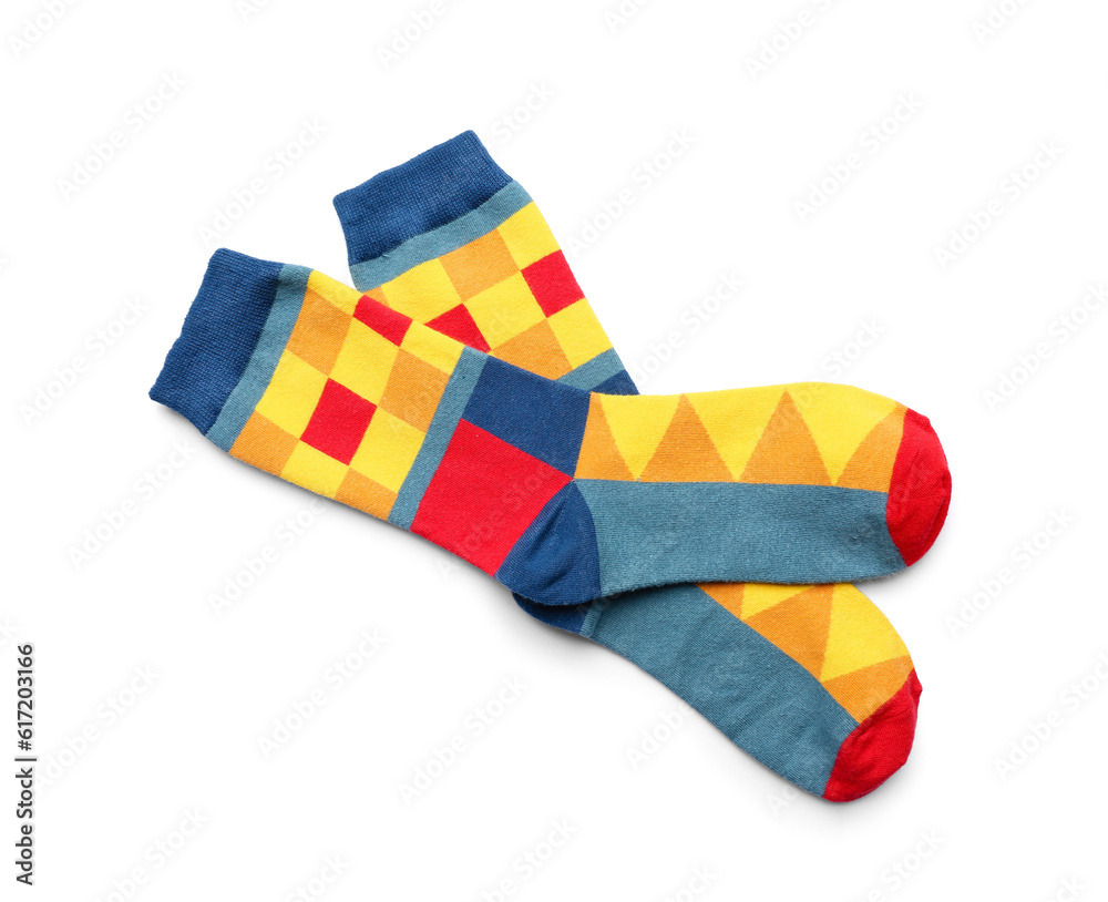 Pair of colorful socks on white background