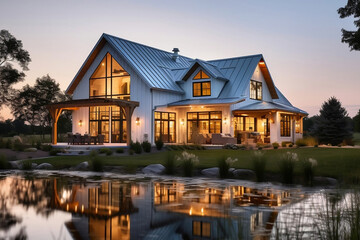 beautiful modern farmhouse style luxury home exterior at twilight - ai generative
