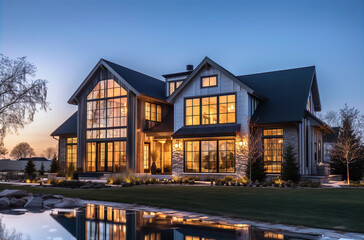 Beautiful modern farmhouse style luxury home exterior at twilight - ai generative