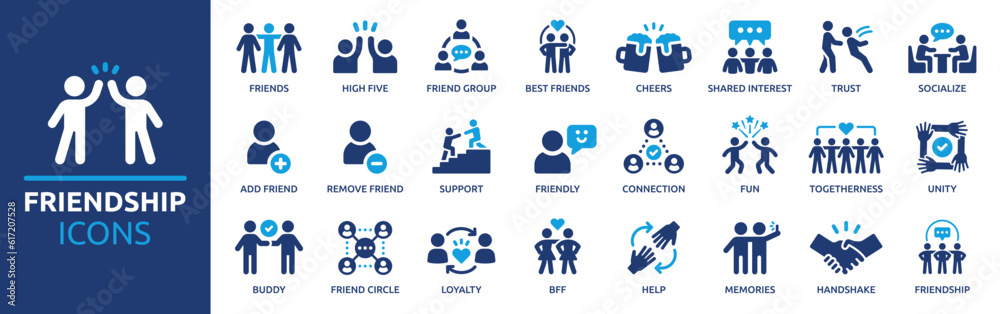 Friendship icon set. Containing friends, group of friend, socialize, friendly, cheers, trust, support and best friends icons. Solid icon collection. Vector illustration.