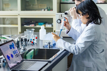 Poster - Multinational researcher group experimenting in the lab. Research and Development.