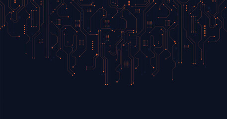 Poster - Orange circuit diagram on dark blue background. digital circuit board technology background for internet connectivity concept.