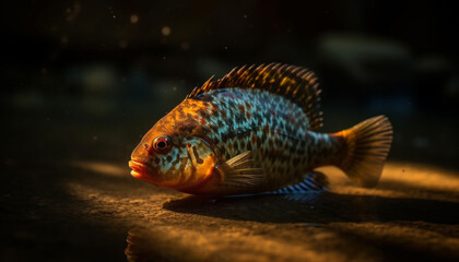 Wall Mural - Yellow Siamese fighting fish swimming in a multi colored fish tank generated by AI