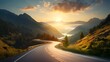 © GnrlyXYZ - Winding road in the mountains at sunset, stretching into the distance