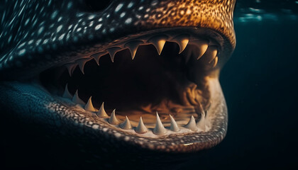 Wall Mural - Furious dinosaur roaring with sharp teeth in underwater confrontation generated by AI