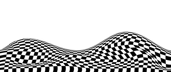 Poster - Wavy checkered background. black and white curved warped chessboard floor pattern. Trippy undulate squares texture surface. Landscape terrain concept. Vector optical illusion wallpaper.