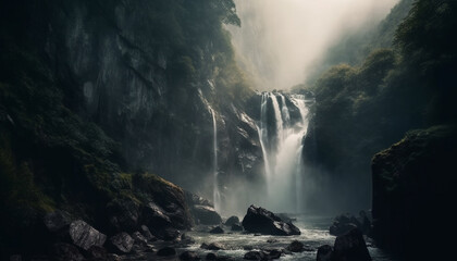 Canvas Print - Tranquil scene of majestic mountain range with flowing water and fog generated by AI