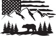 Vector bear, forest, mountains, American flag.