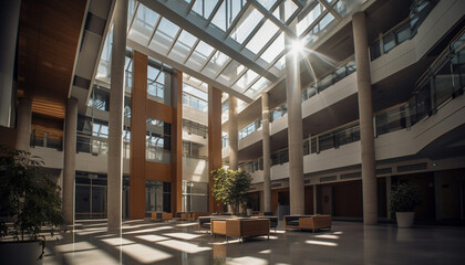 Poster - Futuristic office design with modern glass walls and steel flooring generated by AI