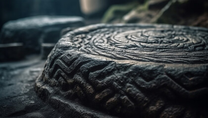 Poster - Ancient sculpture of a wheel, made of stone material and marble generated by AI