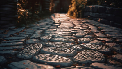 Poster - Stone footpath meanders through ancient cobblestone ruins in autumn sunlight generated by AI