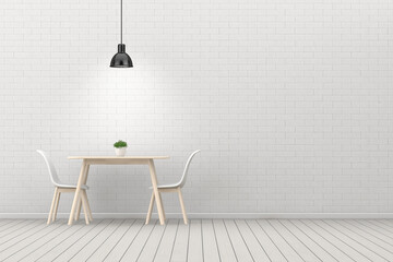 Poster - Kitchen Room Interior with Lamp, Table and Two Chairs near Brick Wall. 3d Rendering