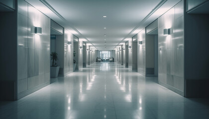 Wall Mural - Futuristic corridor with vanishing point, clean flooring and illuminated ceiling generated by AI