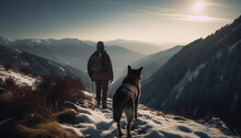 Men And Pets Hiking Mountain Peak In Winter Landscape Adventure Generated By AI