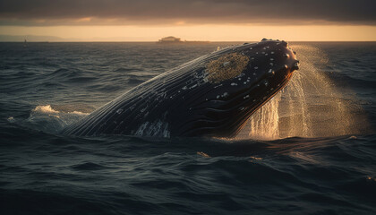 Sticker - Majestic humpback whale splashing in tranquil sea at sunset generated by AI