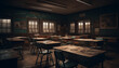 © djvstock - Empty classroom with old fashioned wooden desk and chair seating arrangement generated by AI