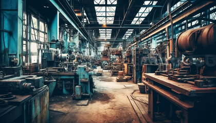 Canvas Print - Expert metal workers use old fashioned machinery in dirty factory workshop generated by AI