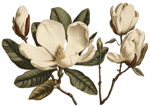 magnolia flower isolated on transparent background, old botanical illustration