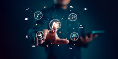 Aufkleber - Digital transformation technology strategy, Success in cyber management through artificial intelligence innovation. The digital age's transformation of ideas and adoption of technology in business. Ai
