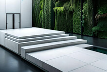 Green Leaves And Stone Slabs Product Display, White Podium And Platforms