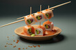 flying pieces of sushi with wooden chopsticks and sauce